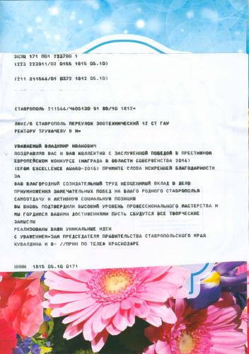 Congratulation of the Deputy Chairman of the of the Stavropol Region Government I. V. Kuvaldina with a prestigious European award EFQM "Award of Excellence"